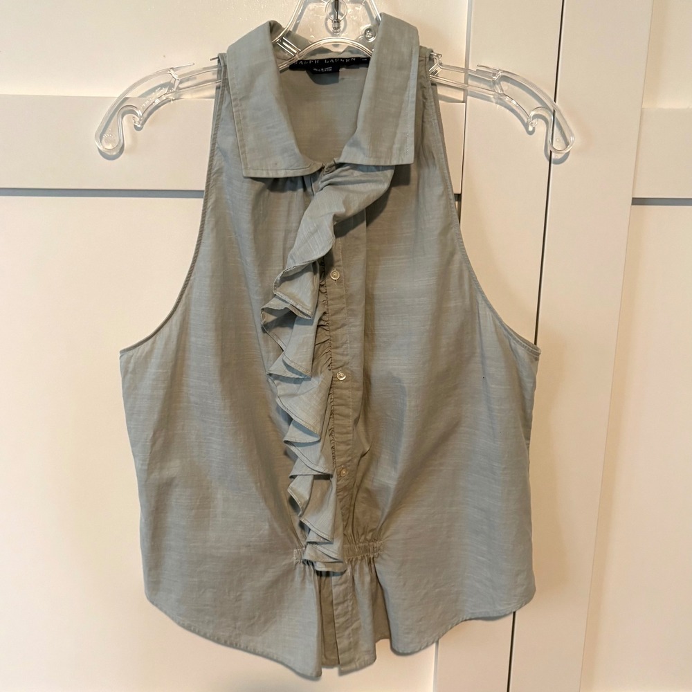 Ralph Lauren Blue Label Women's‎ Light Blue Ruffle Sleeveless Blouse Size 14